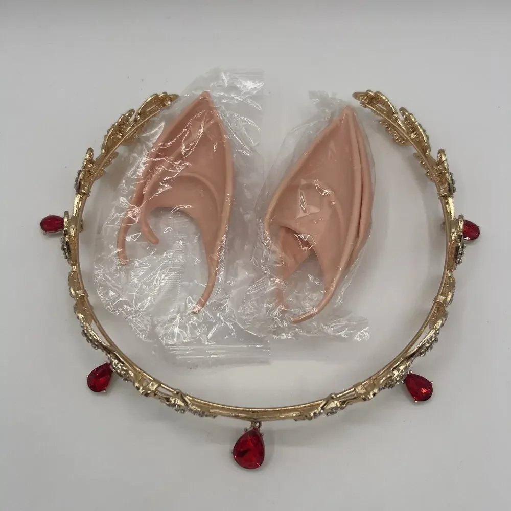Gold Elf Fairy Tiara‎ Crown with Red Gem & 2 Pairs Elf Ears Cosplay Halloween